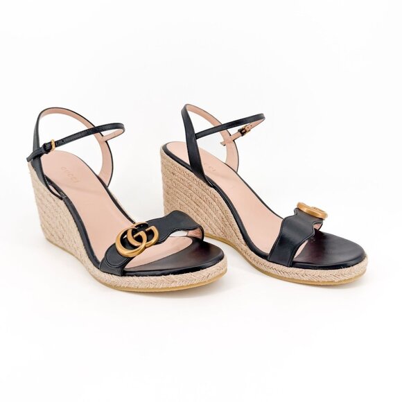 Gucci Aitana GG Marmont Black Leather Espadrille Wedge Sandals Size 41 US 11 - Picture 1 of 14